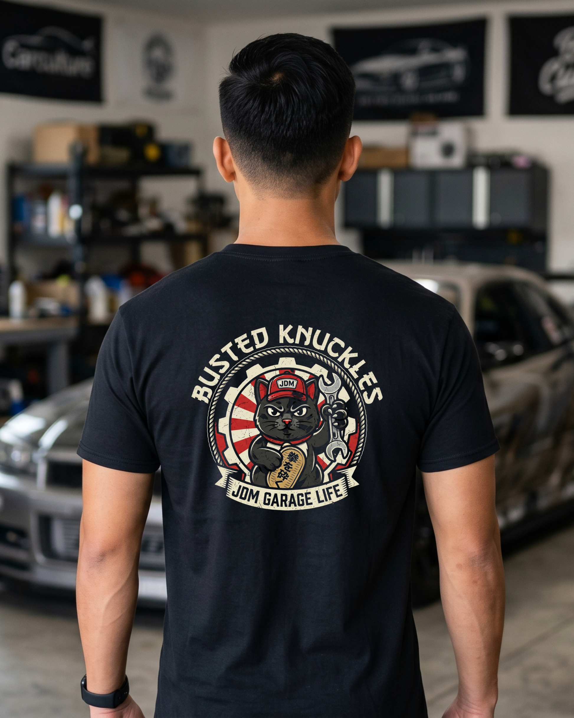 JDM Garage Cat Tee | Lucky Mechanic Streetwear Shirt Tuning Techniques