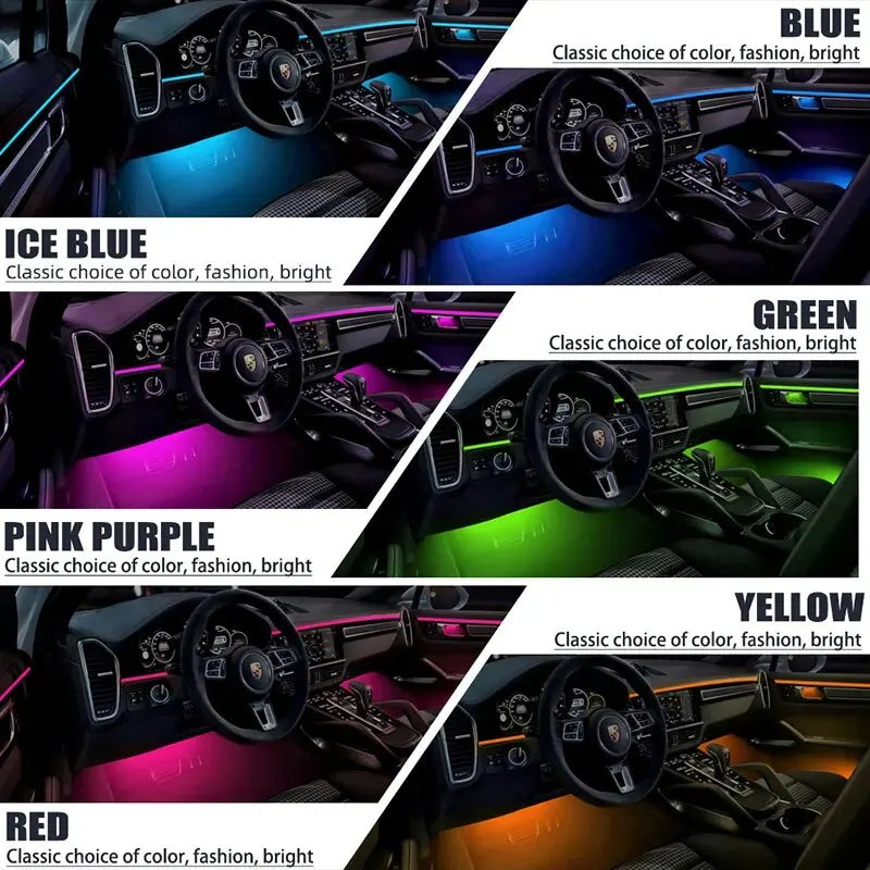 RGB Ambient Car Interior Lighting Kit – 6-in-1 Fiber Strips + 18-in-1 LED Accent Light
