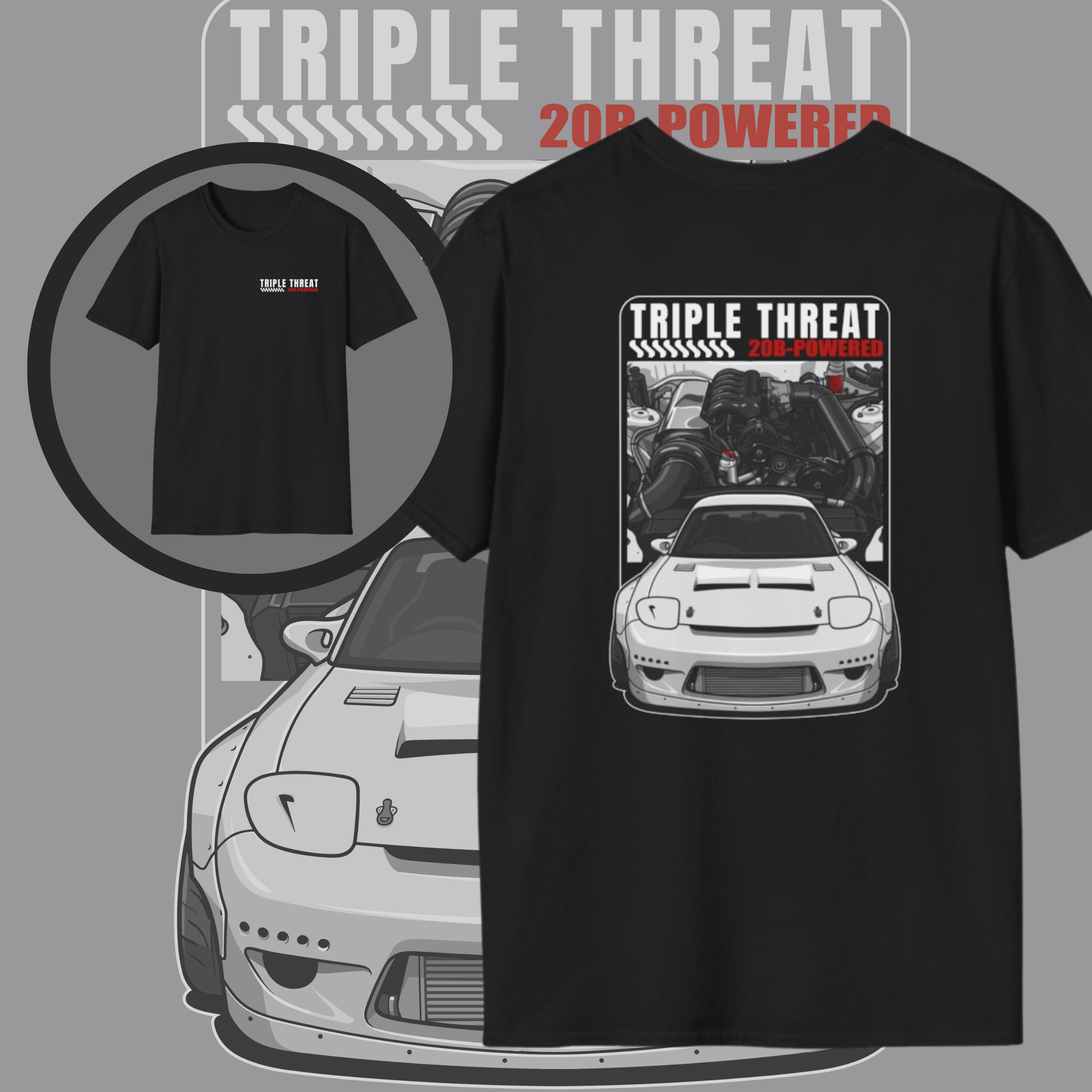 20B Powered FD RX7 Shirt, Mazda RX7 T-Shirt, Triple Threat Tee, Rotary Engine Shirt, JDM Car Tee, FD RX7 Gift, Front and Back Graphic Tee