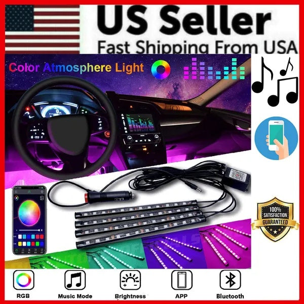 Bluetooth RGB LED Car Interior Light Kit – 4PCS App-Controlled Strip Lights (48 LEDs)