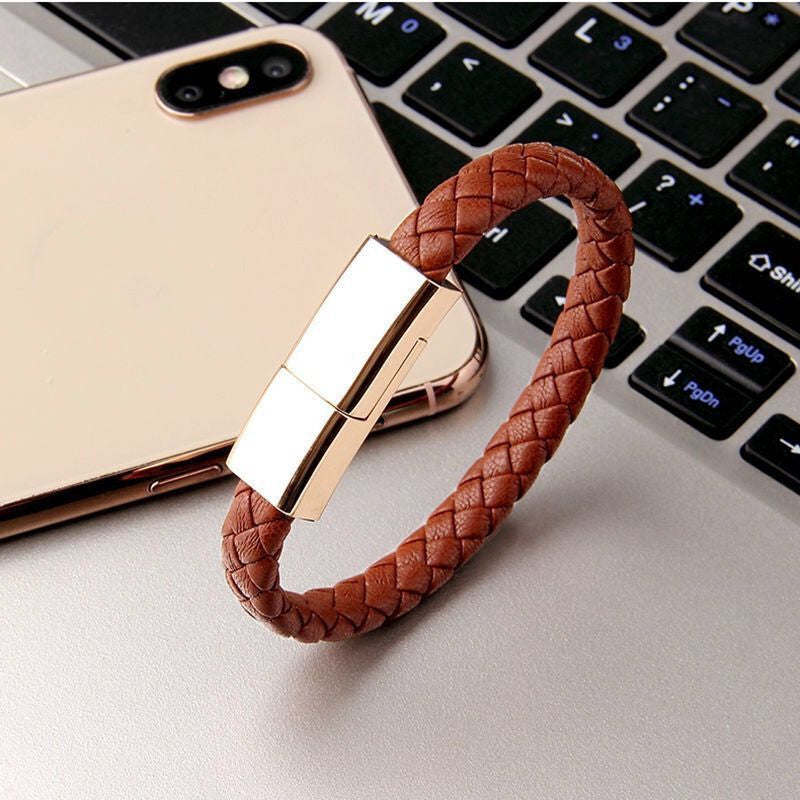 Leather Bracelet Charging Cable – USB Type-C / Lightning / Micro-USB Data Cable (20–22.5cm)