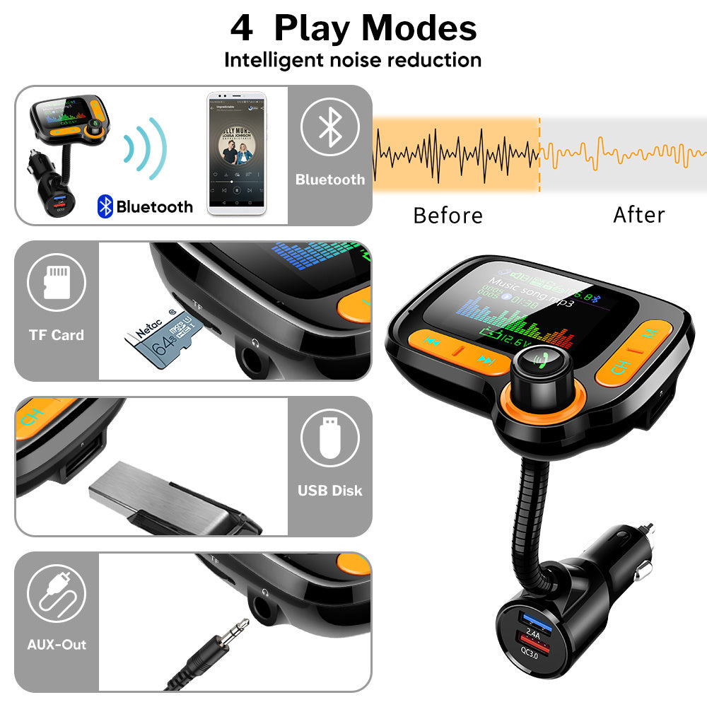 Bluetooth FM wireless Transmitter MP3 Adapter 3USB PD Charger AUX Hands-Free