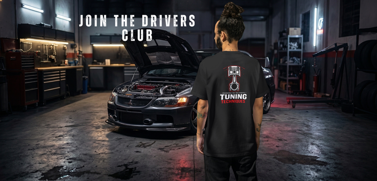 Man in a black Tuning Techniques piston tee facing a Mitsubishi Lancer Evolution in a garage, with the headline Join the Drivers Club